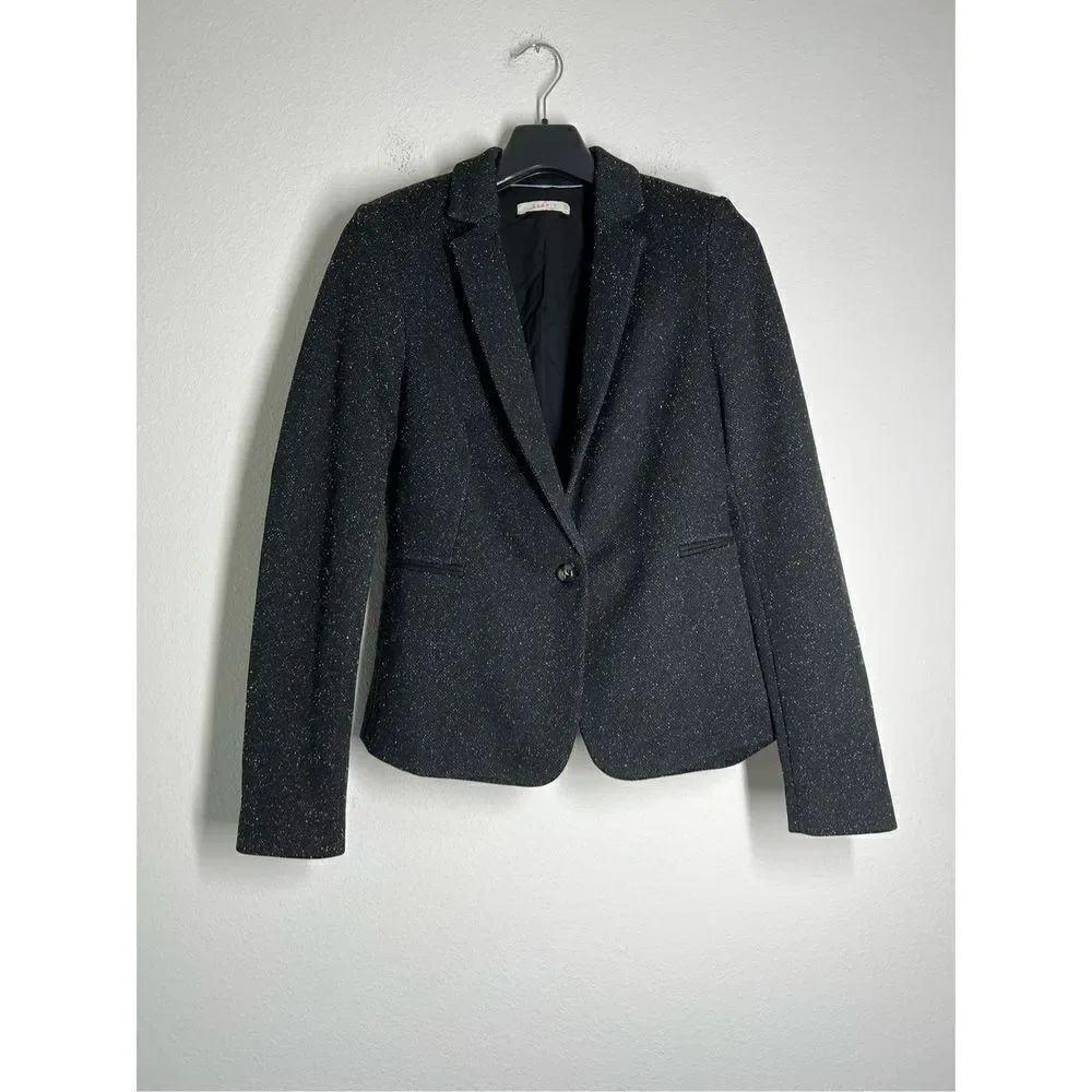 Esprit Black Gray Twill Blazer Suit Size 8 One Button Patches on sleeves